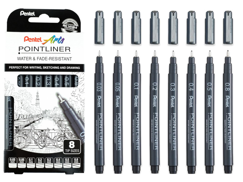 Pentel Feutre technique permanent Pointliner, set de 8, noir