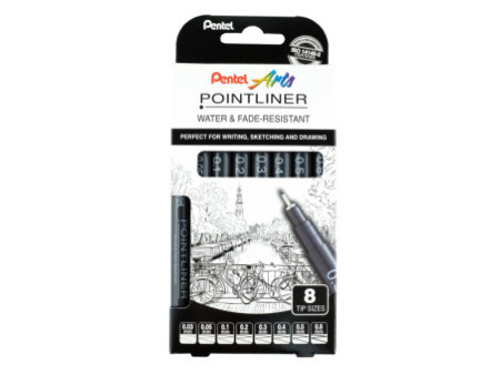 Pentel Feutre technique permanent Pointliner, set de 8, noir