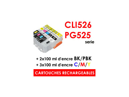 Cartouches rechargeables Canon CLI526 et PG525 (5 cartouches)