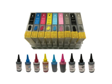 Cartouches rechargeables EPSON R2400 (+ 9 x 100ml d'encre)