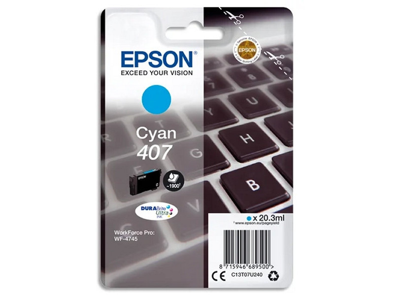 Cartouche Epson 407 CYAN CLAVIER 20,3ml WF-4745 Series C13T07U240