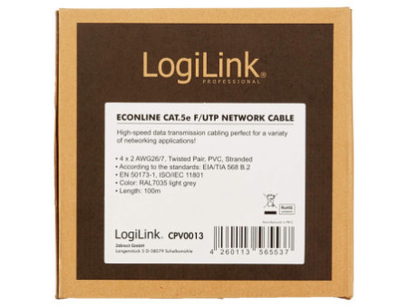 LogiLink Câble patch, Cat. 5e, F/UTP, 100 m, gris