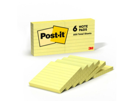 3M Post-it 100 feuilles/bloc, 76 x 76 mm, jaune, ligné