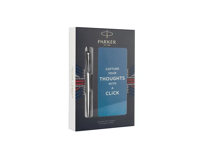 PARKER Jotter Set Duo : stylo bille acier CT avecrecharge bleu pointe moyenne + bloc notes