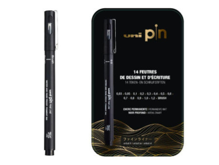uni-ball Feutre technique uni pin, étui métal de 14 pièces