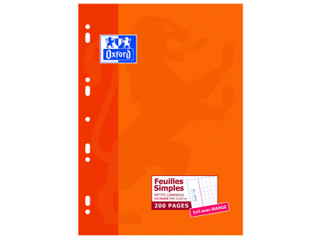 Oxford Feuilles simples perforées, A4, quadrillé 5x5 margé