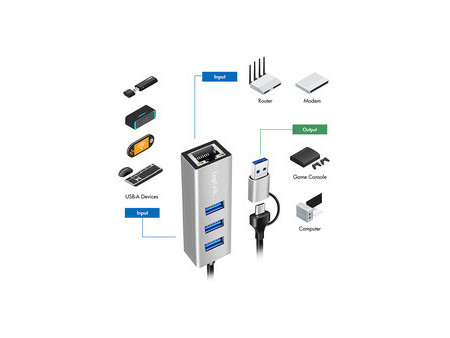 LogiLink Adaptateur USB 3.2 - Gigabit Ethernet, 3 ports USB