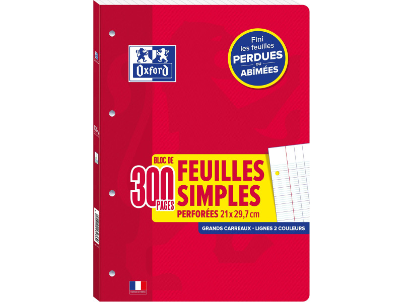 Oxford Bloc de feuilles simples perforées, A4, seyès