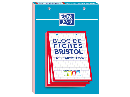 Oxford Bloc de fiches bristol, A5, quadrillé, blanc / rouge