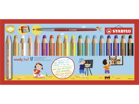 STABILO Crayon multi-talents woody 3 en 1, étui carton de 18