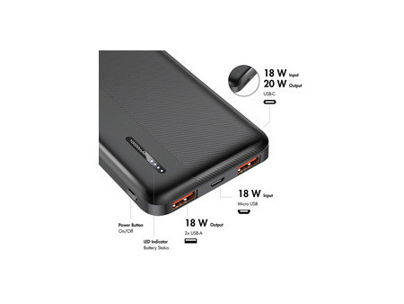 LogiLink Powerbank, 10.000 mAh, 2x USB-A, 2x USB-C, noir