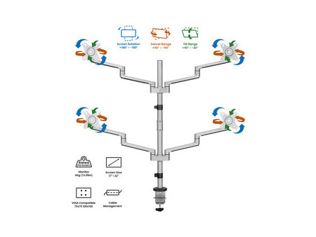 LogiLink Support 4 écrans, longeur du bras: 447 mm, argent