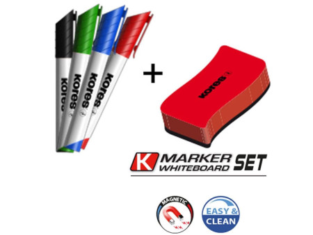 Kores kit de marqueurs pour tableau blanc, 4 marqueurs +