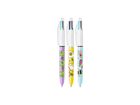 BIC Stylo à bille rétractable 4 Colours Kawaii, blister de 3