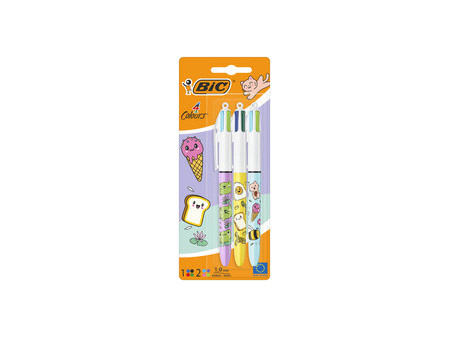 BIC Stylo à bille rétractable 4 Colours Kawaii, blister de 3