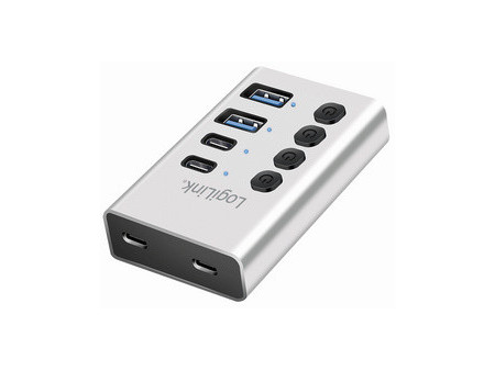 LogiLink Hub USB 3.2, 4 ports, interrupteurs on/off, argent