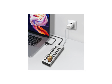 LogiLink Hub USB 3.2, 10 ports, interrupteurs on/off, argent