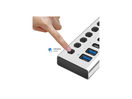 LogiLink Hub USB 3.2, 10 ports, interrupteurs on/off, argent