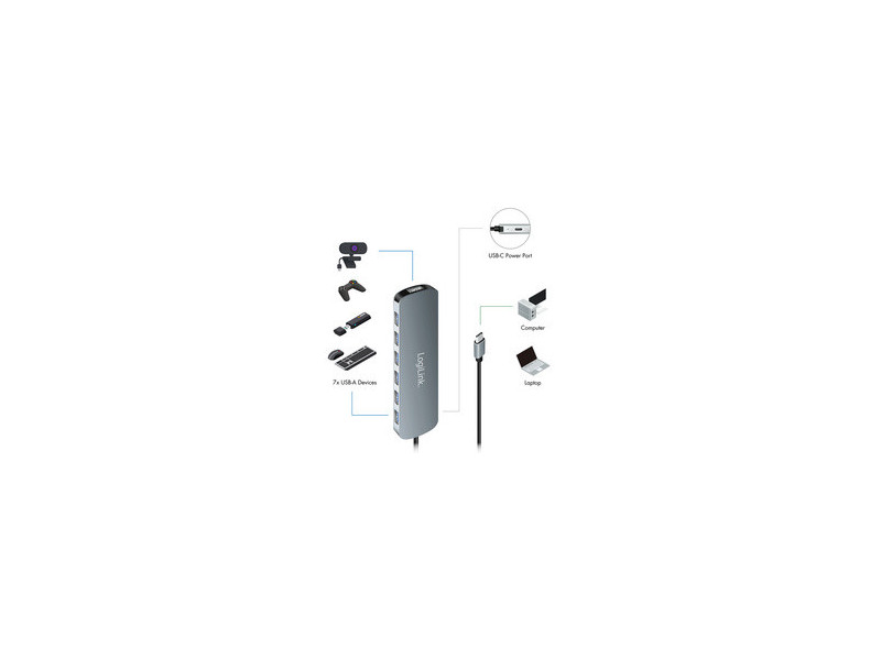 LogiLink Hub USB 3.2 Gen1, 7 ports, boîtier aluminium, gris