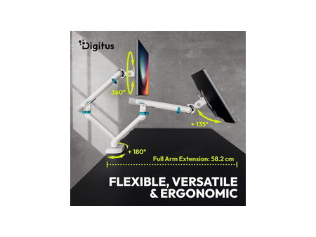 DIGITUS Bras support design pour 2 écrans, avec pince, blanc