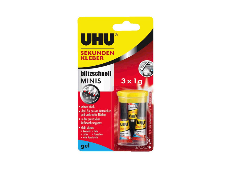 UHU Colle instantanée MINIS GEL, 3 tubes de 1 g