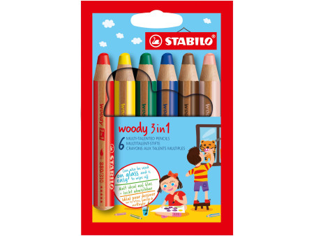 STABILO Crayon multi-talents woody 3 en 1, étui carton de 6