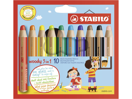 STABILO Crayon multi-talents woody 3 en 1, étui carton de 10