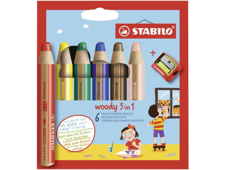 STABILO Crayon multi-talents woody 3 en 1, étui carton de 6