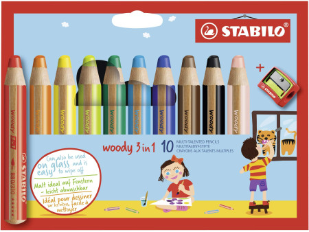 STABILO Crayon multi-talents woody 3 en 1, étui carton de 10