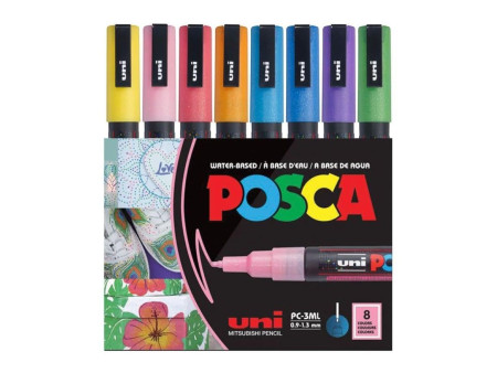 POSCA Marqueur à pigment PC3ML pailleté, étui de 8, assorti