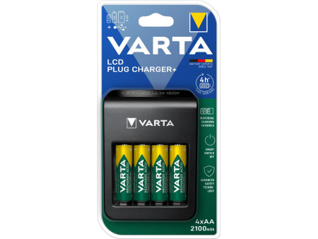 VARTA Chargeur LCD Plug Charger+, avec 4 piles AA