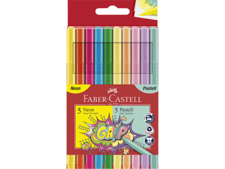 FABER-CASTELL Feutres GRIP fluo + pastel, étui de 10