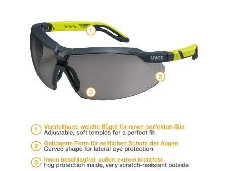 uvex Lunettes de protection i-5, teinte des oculaires: gris