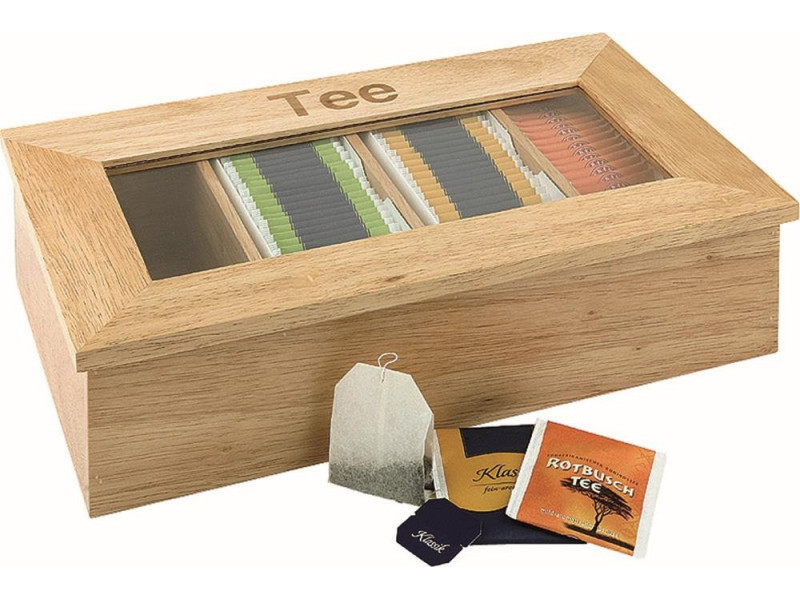 APS Boîte à thé et infusion, en bois, 4 cases, brun clair