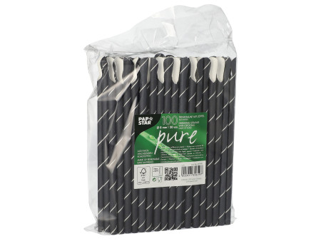PAPSTAR Paille en papier avec cuiller 'pure', 200 mm, noir