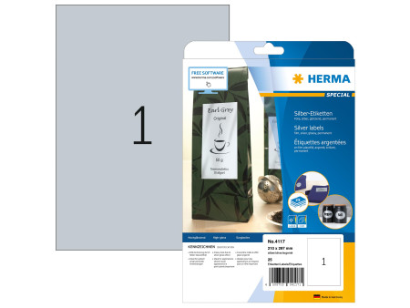 HERMA Etiquette en film SPECIAL, 210 x 297 mm, argent