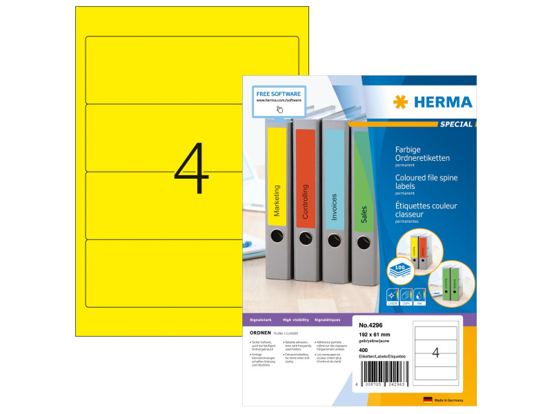 HERMA Etiquette dos de classeur SPECIAL, 192 x 61 mm, jaune