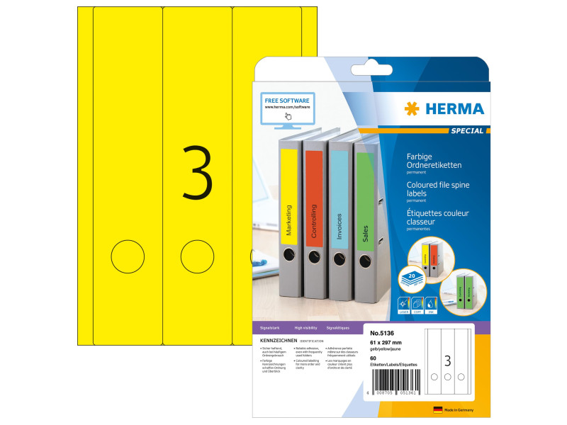 HERMA Etiquette dos de classeur SPECIAL, 61 x 297 mm, jaune