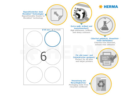 HERMA Etiquette universelle SPECIAL, diamètre: 85 mm, blanc