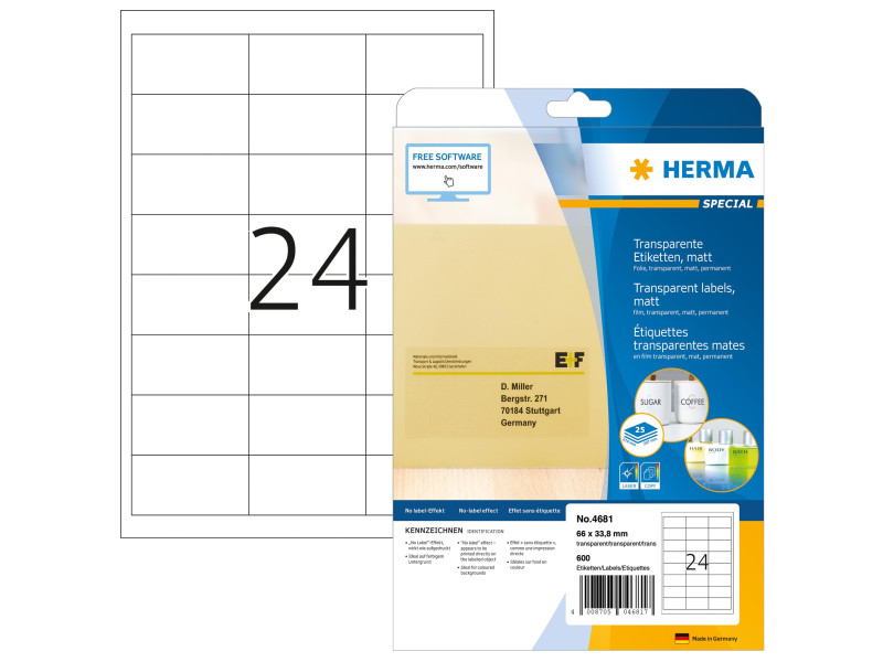 HERMA Étiquette en film SPECIAL, 66 x 33,8 mm, transparent