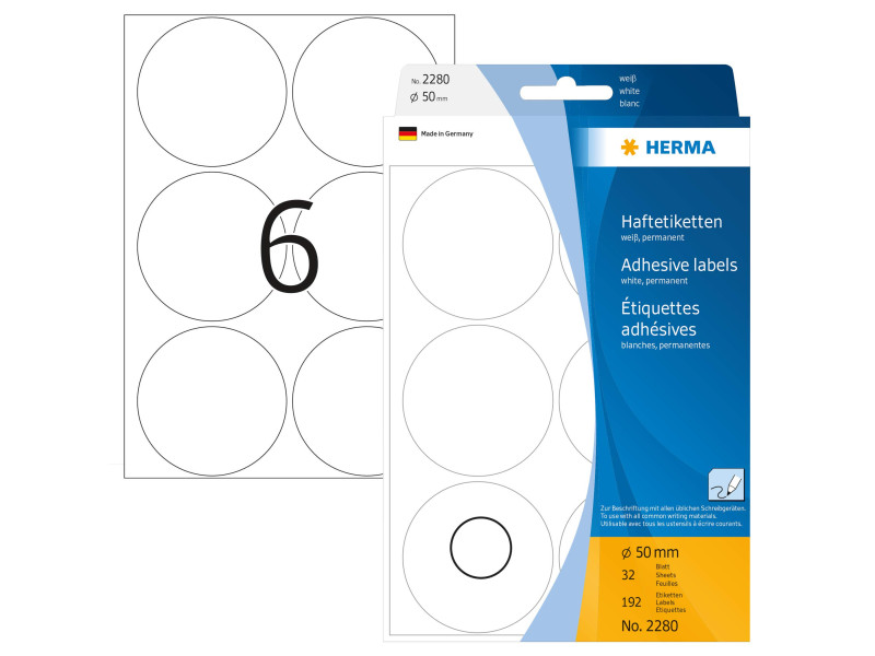HERMA Pastille adhésive, diamètre: 50 mm, blanc