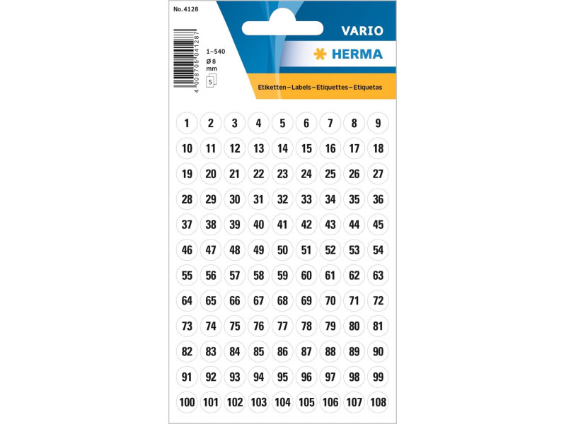 HERMA stickers chiffres 1-540, diamètre: 8 mm, blanc