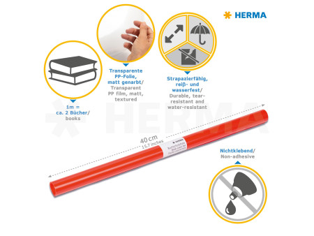 HERMA Film couvre-livres, 400 mm x 2 m, en PP, rouge, non